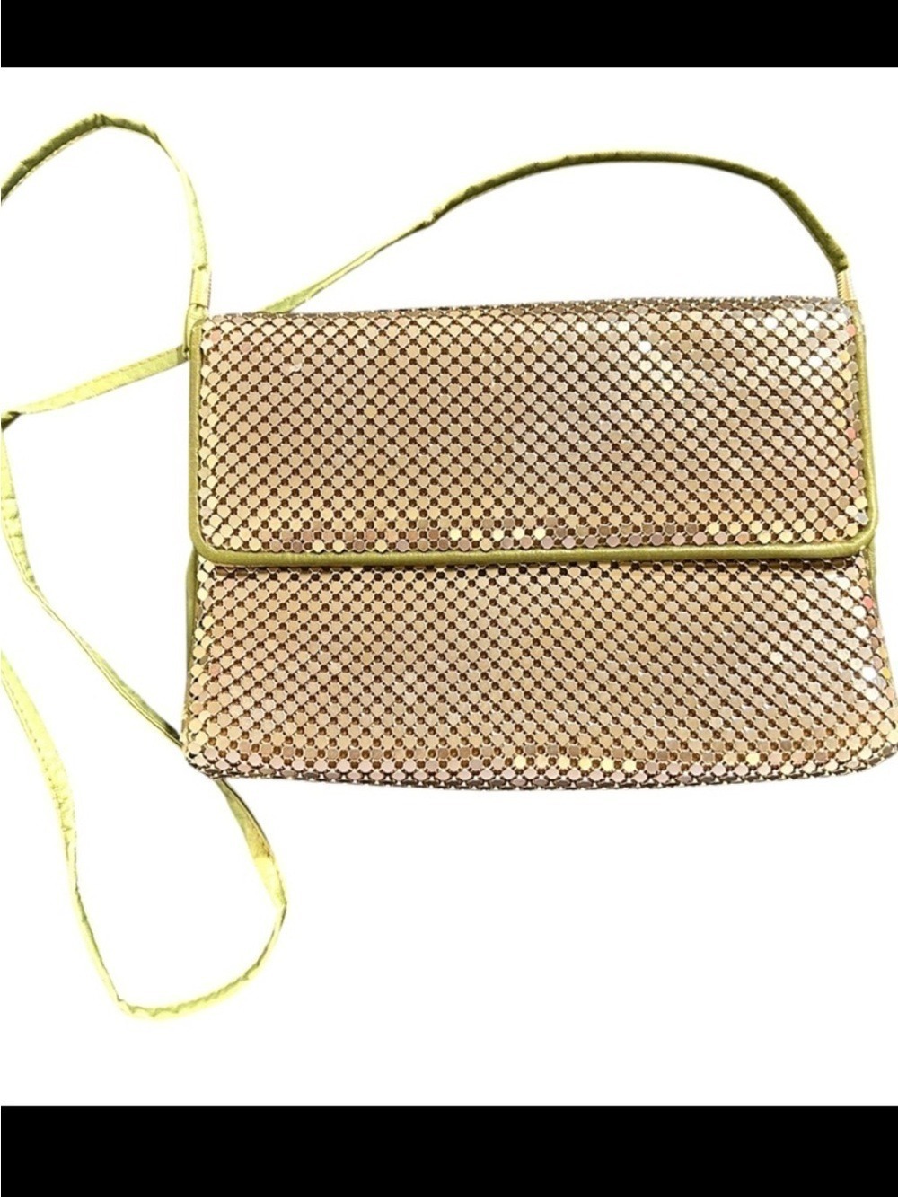 Vintage Whiting & Davis Gold Mesh Bag Green Crossbody Strap and Trim Snap Flap